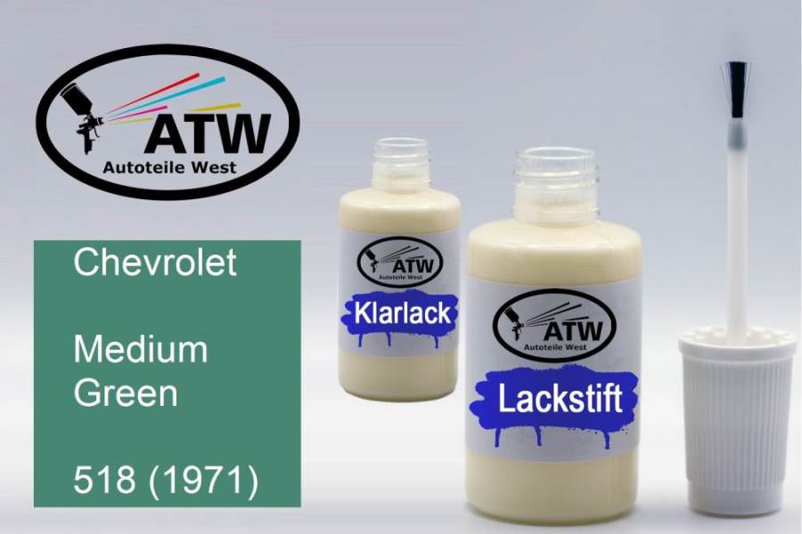 Chevrolet, Medium Green, 518 (1971): 20ml Lackstift + 20ml Klarlack - Set, von ATW Autoteile West.